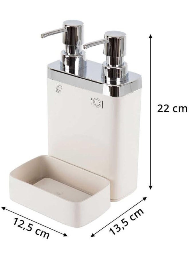 Primanova - Primanova Viva Liquid Soap Dispenser, with Sponge, 2 Pieces, 12.5 x 13.5 x 22 cm, 0.3 Litre and 0.6 Litre Container, Beige - Image 1