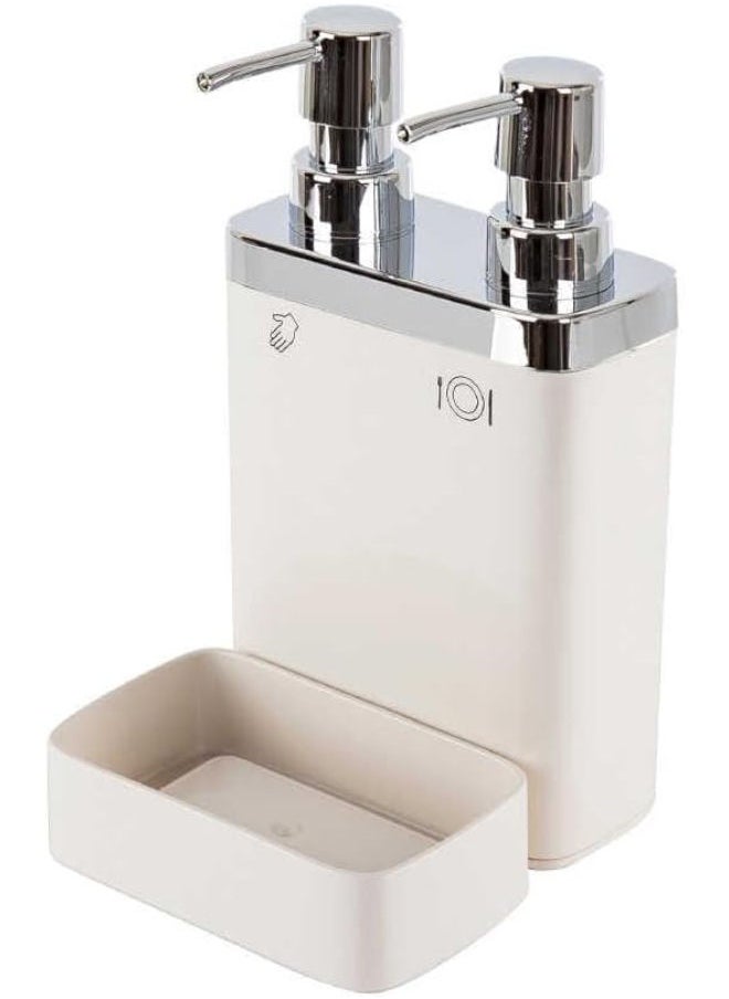 Primanova - Primanova Viva Liquid Soap Dispenser, with Sponge, 2 Pieces, 12.5 x 13.5 x 22 cm, 0.3 Litre and 0.6 Litre Container, Beige - Image 1