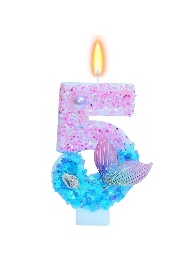 يُسلِّم شموع عيد ميلاد بطابع حورية البحر، لوازم حفلات أعياد الميلاد اللامعة بأرقام الفتيات، ديكورات حفلات الذكرى السنوية (بطابع حورية البحر، رقم 5) - Image 1