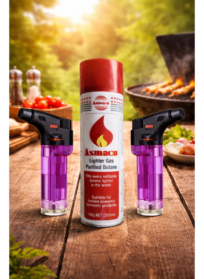 اسماكو طقم ولاعتين شعلة + غاز بيوتان | شعلة شواء ومطبخ | ولاعة قابلة لإعادة التعبئة - Image 1