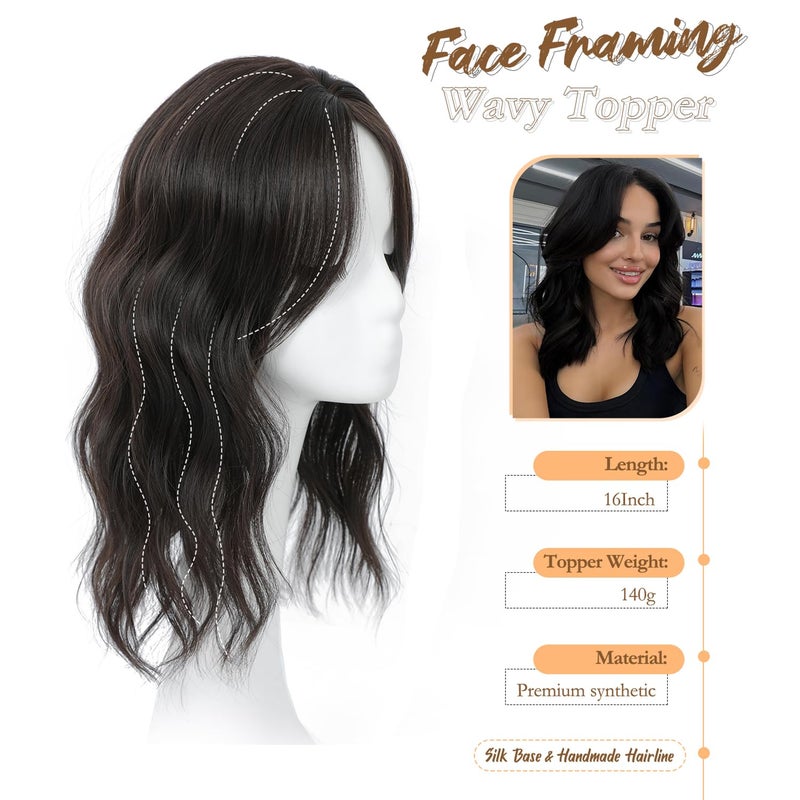 PANEWAY Hair Topper 16Inch Hair Toppers For Women Wavy Curly Dark Brown Clip In Synthetic Wiglets Pieces For Women - Image 2