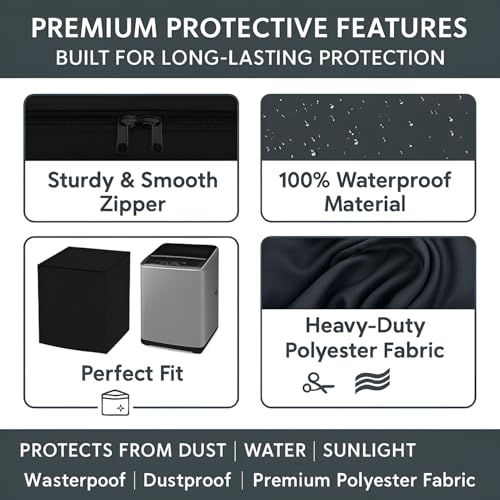 DALUCI Top Load Fully Automatic Washing Machine Cover for 6 kg, 6.5 kg, 7kg & 7.5 kg | Waterproof & Dustproof Polyester Fabric with Zipper | Protective Cover for Washing Machine (Black, 59X59X86 CM) - Image 3