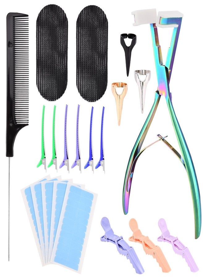 Trasylph Tape in Hair Extension Tools Kit,with Hair Extensions Sealing Clamp Plier,5 Sheets Hair Extension Tape,2 Black Hair Gripper Sticker,9 Clips,3 Hair Parting Ring,for Women Hair - Image 1
