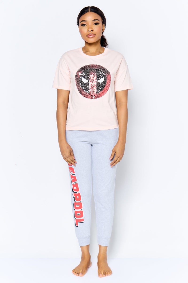 MARVEL Women 2 Pcs Sequin Embellished T-Shirt And Pants Pajama Set, Multicolor - Image 1