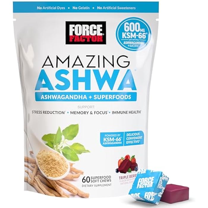 Force Factor Amazing Ashwa for Stress Relief, Memory, Focus, and Immune Support Health, Ashwaganda Supplement with KSM-66 Ashwagandha for Stress, 60 Soft Chews - Image 1