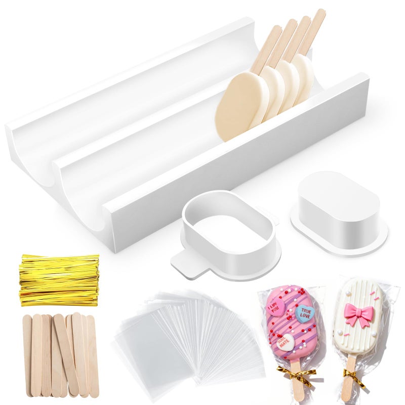 Entrirolly 3 Inch Cakesicle Cutter, Cake Pop Mold with 8.7in Tray, Cakesicle Mold with 100 Wooden Sticks & 100 Packaging Bags with Ties Cake Pop Cutter Baking Cutter Molds Set for Home, Birthday, Parties - Image 1