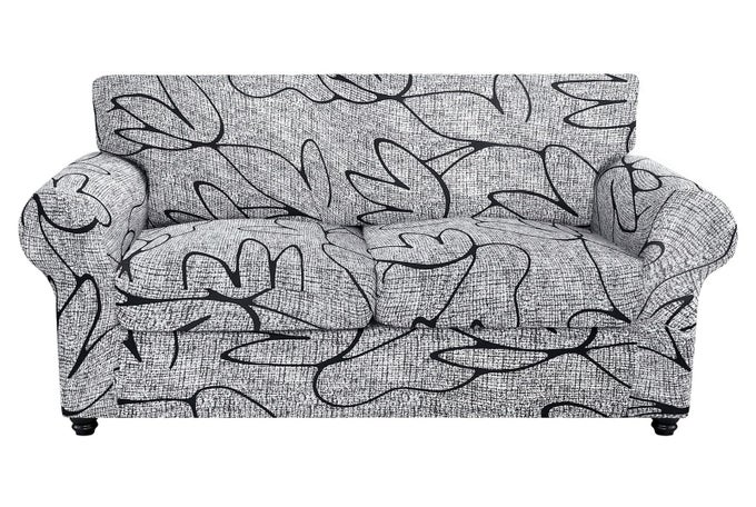 STRETCH SOFA COVER PRINTED COUCH COVER FLORAL PATTERN 3 PIECES LOVESEAT SLIPCOVER WITH 2 SEPARATE CUSHION COVER WASHABLE FURNITURE PROTECTOR FOR LIVING ROOMLOVESEAT GREY LOTUSWHITE