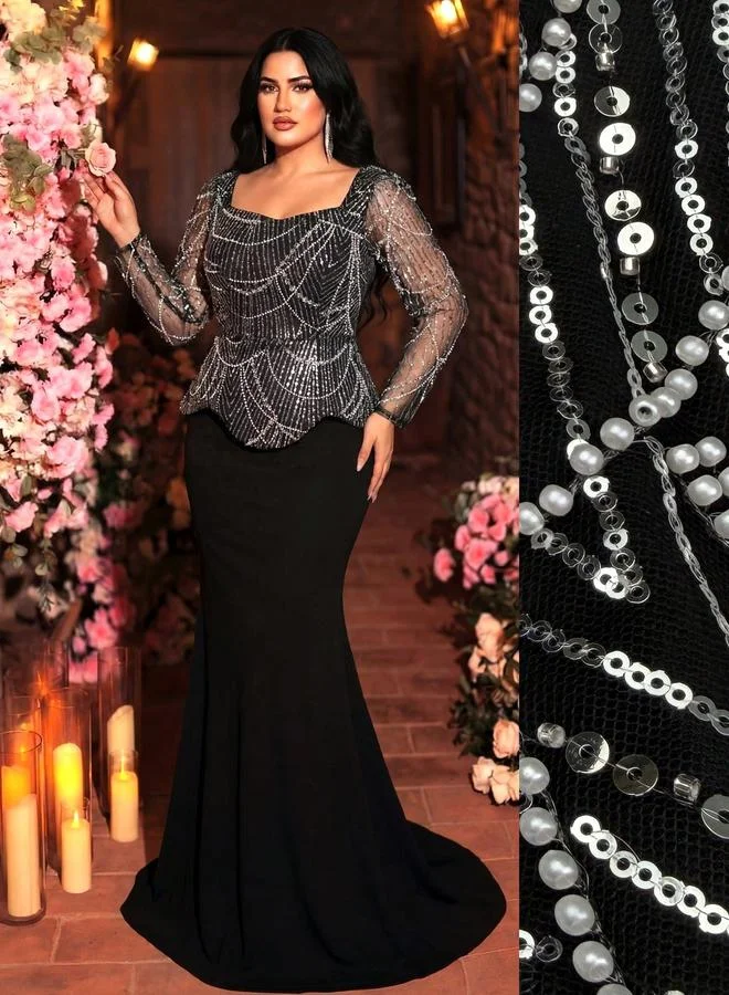 يونيت هورس Plus Size Black Beaded Sequin Maxi Dress