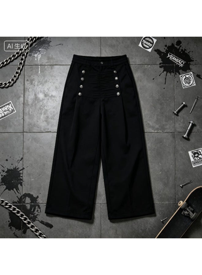 Vintage Palace Wide Leg Sweatpants, Multi-Button Waistband, Elastic Waist, Loose Drape Fit, Unisex Trendy Streetwear - Image 2