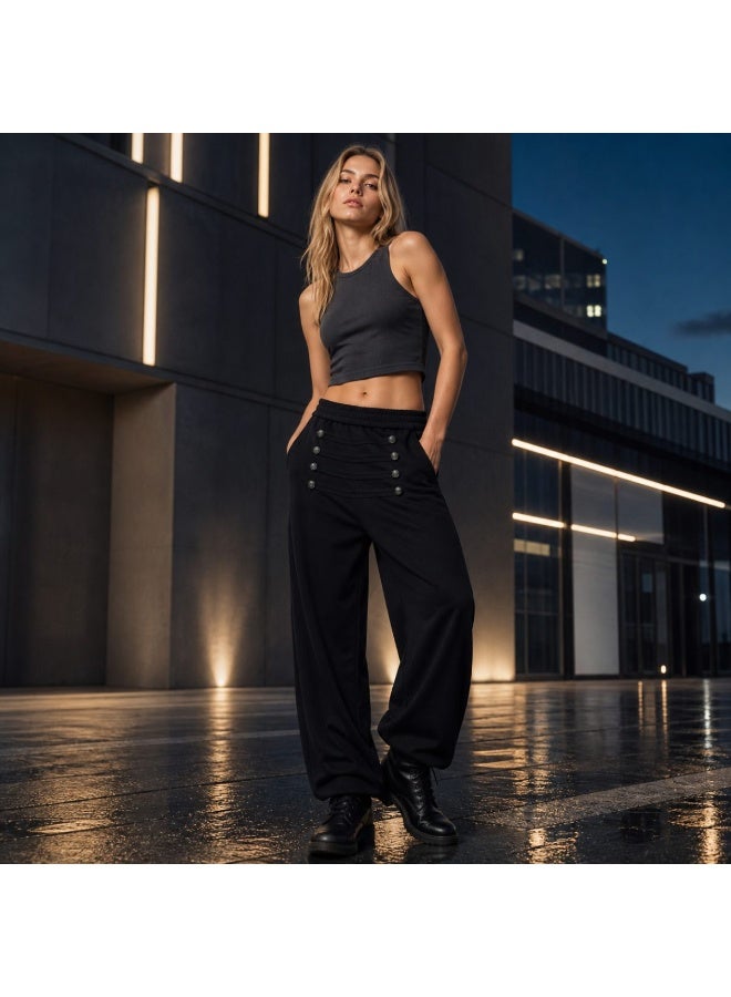 Vintage Palace Wide Leg Sweatpants, Multi-Button Waistband, Elastic Waist, Loose Drape Fit, Unisex Trendy Streetwear - Image 1