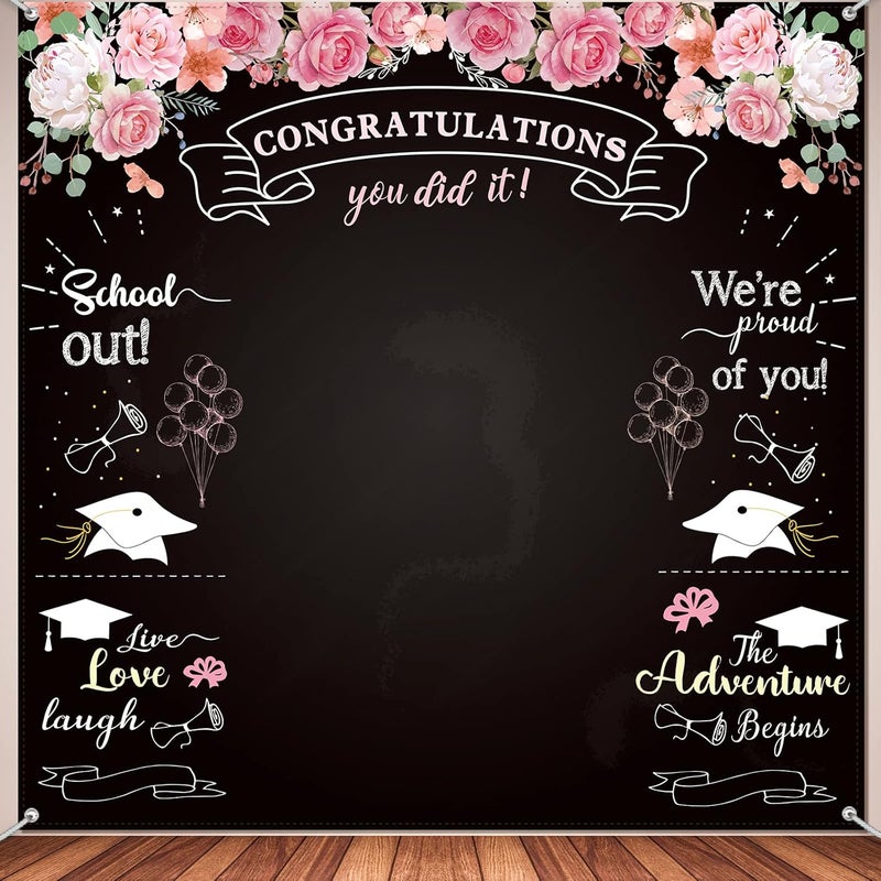 Sumind 70.9 x 70.9 Inch Class of 2026 Graduation Backdrops for Photoshoot Fabric Floral Congratulation Backdrop Congrats Photography Background for Graduation Prom Party Decor Photo(Pink,Black) - Image 1