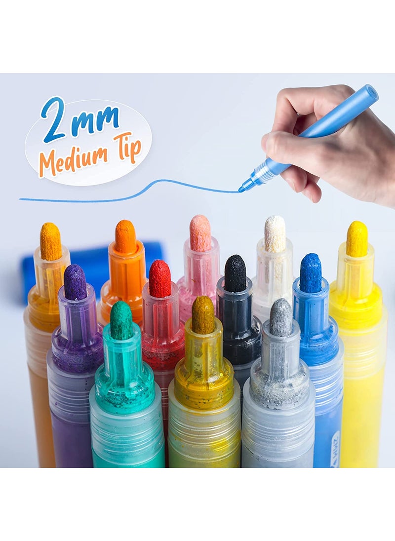 ArtBee ArtBee Acrylic Paint Pens For Rocks Painting, Ceramic, Glass, Wood, Fabric, Canvas, Mugs & Card Craft Making Supplies, Set Of 12 Acrylic Paint Markers (Medium Tip 2-3Mm), Multicolor  - Image 5