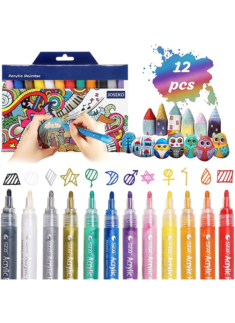 ArtBee ArtBee Acrylic Paint Pens For Rocks Painting, Ceramic, Glass, Wood, Fabric, Canvas, Mugs & Card Craft Making Supplies, Set Of 12 Acrylic Paint Markers (Medium Tip 2-3Mm), Multicolor  - Image 1