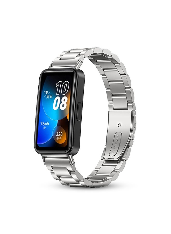 O Ozone Metal Watch Strap For Huawei Band 8/Band 9/Band10, 3 beads Stainless Steel Adjustable Smartwatch Replacement Bracelet for Men Women- Silver - Image 1