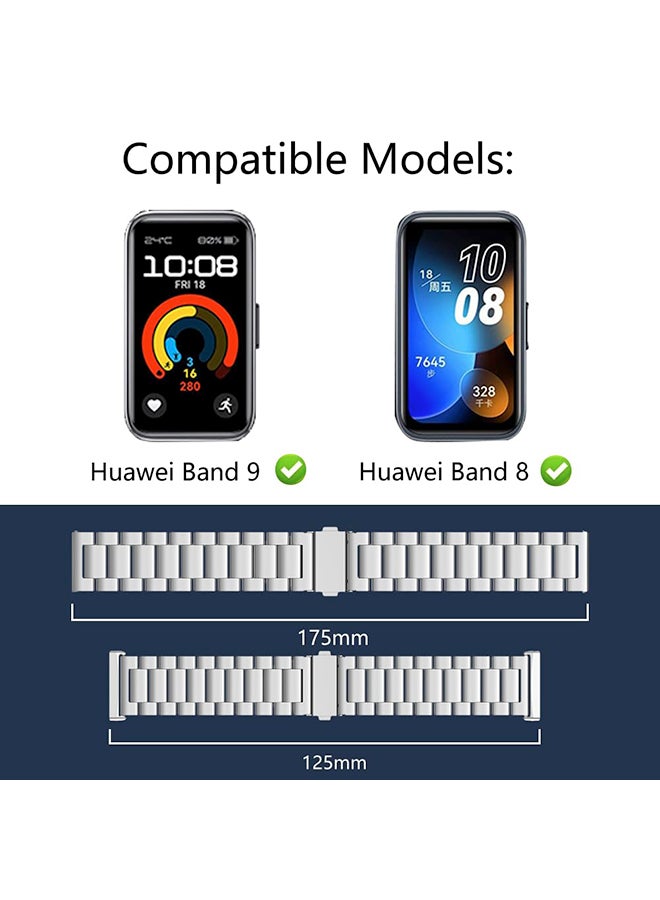 O Ozone Metal Watch Strap For Huawei Band 8/Band 9/Band10, 3 beads Stainless Steel Adjustable Smartwatch Replacement Bracelet for Men Women- Silver - Image 3