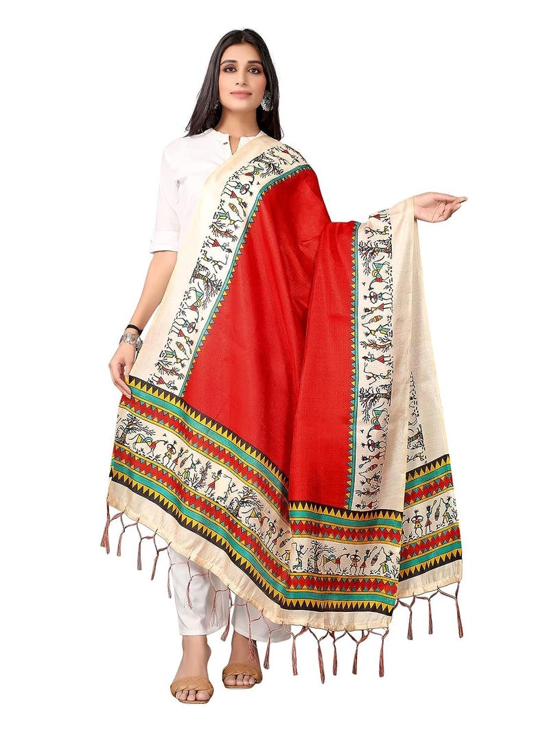 KEMZA Women's Warli Printed Cotton Silk Dupatta (Red) with Traditional Print Surface - Image 1