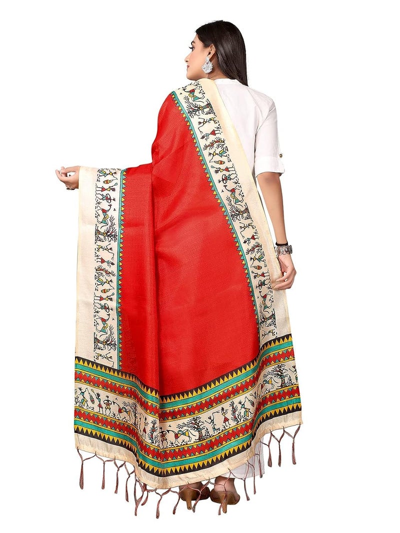 KEMZA Women's Warli Printed Cotton Silk Dupatta (Red) with Traditional Print Surface - Image 4