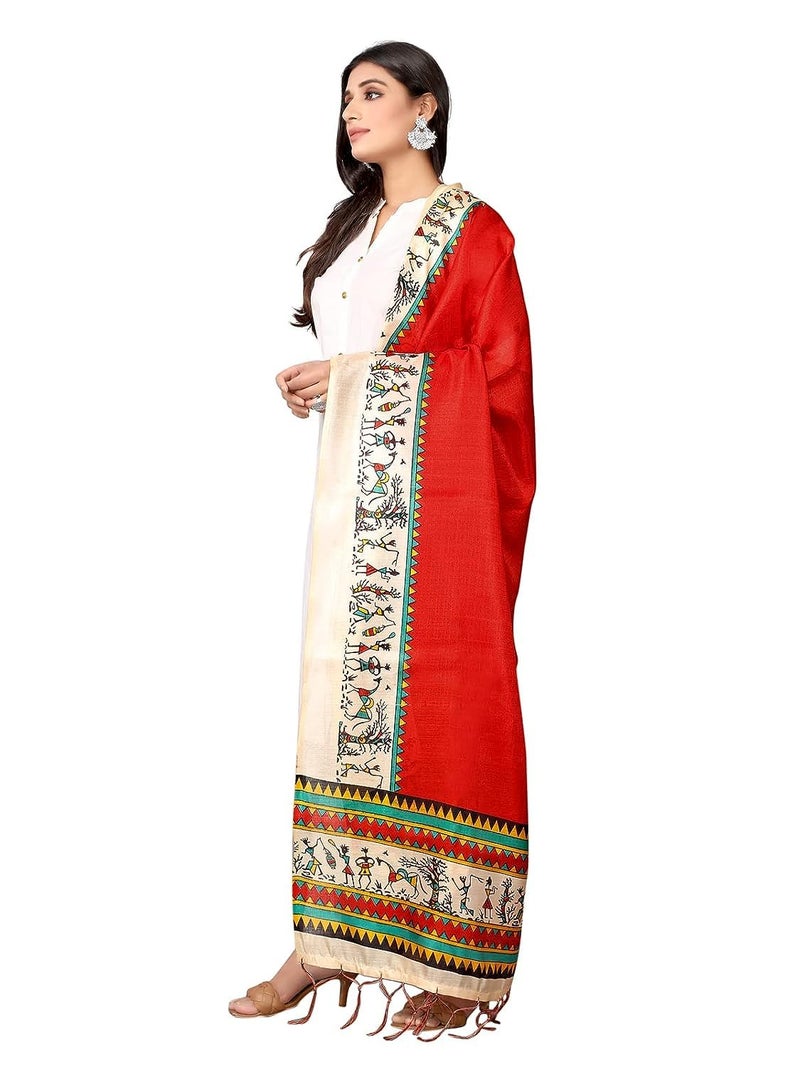 KEMZA Women's Warli Printed Cotton Silk Dupatta (Red) with Traditional Print Surface - Image 3