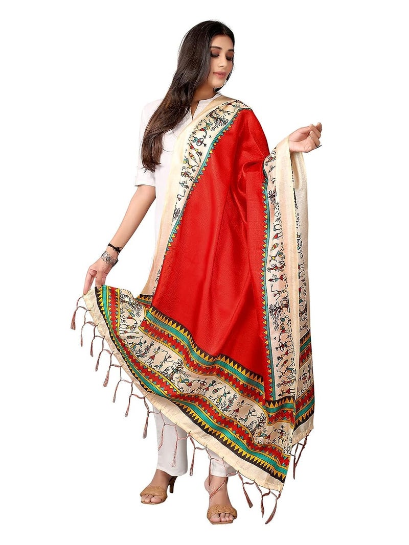 KEMZA Women's Warli Printed Cotton Silk Dupatta (Red) with Traditional Print Surface - Image 2