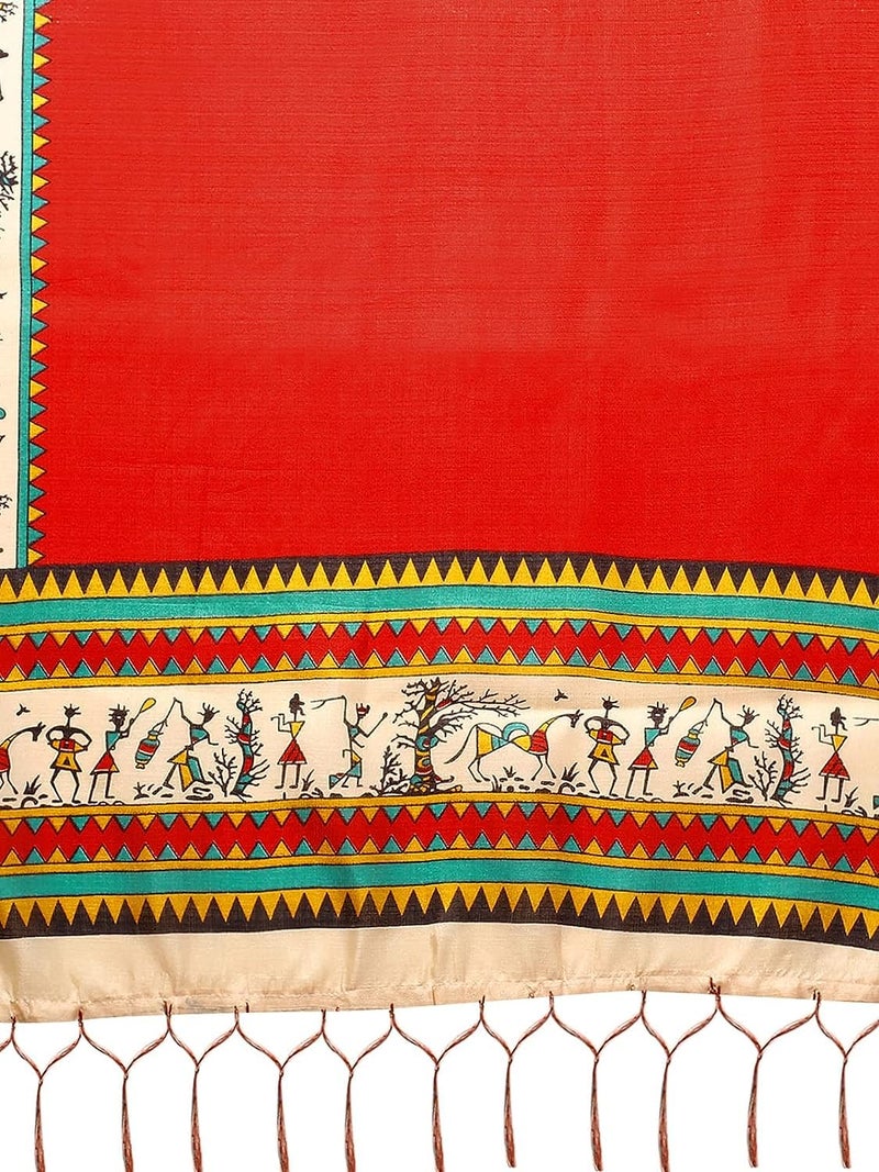 KEMZA Women's Warli Printed Cotton Silk Dupatta (Red) with Traditional Print Surface - Image 5