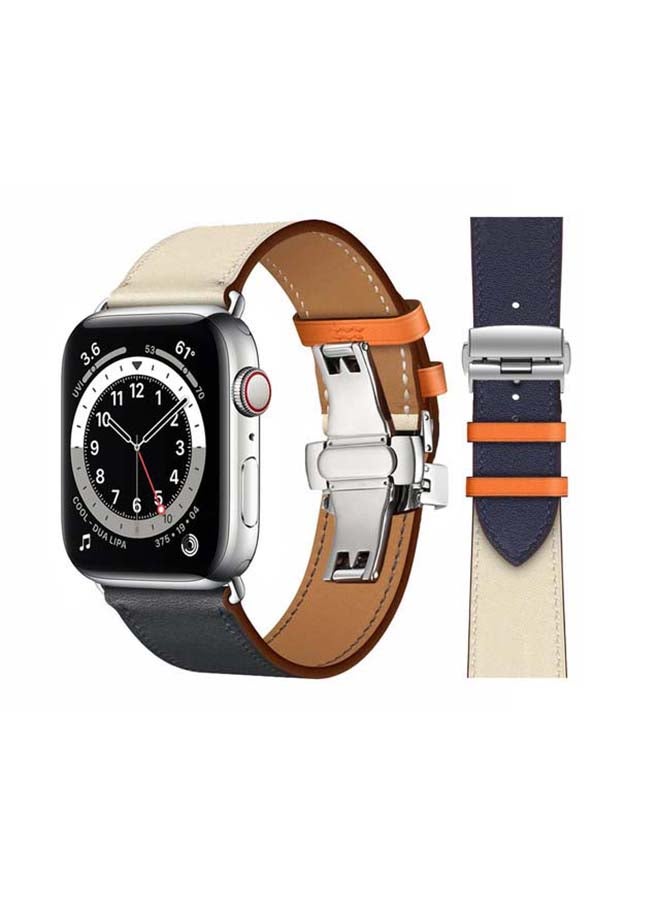 Perfii Genuine Leather Replacement Band with Silver Buckle for Apple Watch Series 6/SE/5/4/3/2/1 44/42mm Blue/Beige