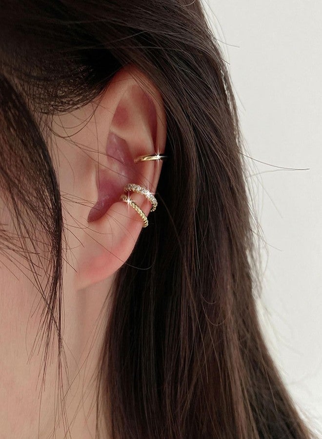 اتش تي اتش أساور أذن نسائية مطلية بالذهب عيار 14 قيراط مرصعة بالزركونيا المكعبة، بدون ثقب، أقراط حلقية مزيفة للغضروف (3 قطع، ذهبي) - Image 2