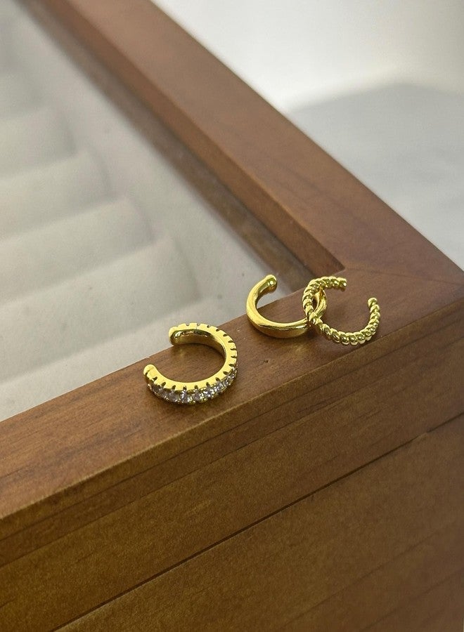 اتش تي اتش أساور أذن نسائية مطلية بالذهب عيار 14 قيراط مرصعة بالزركونيا المكعبة، بدون ثقب، أقراط حلقية مزيفة للغضروف (3 قطع، ذهبي) - Image 4