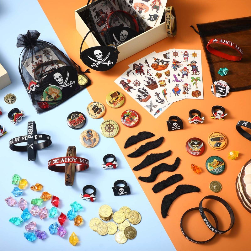 Harrycle 144 Pcs Pirate Party Favors Supplies Include Pirate Bracelet Nautical Tattoo Button Pin Eye Patch Gold Coin Gem Ring Mustache Organza Bag for Kids Boy Pirate Birthday Party Goodie Bag Fillers - Image 4