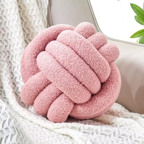 Uvvyui Knot Pillow Ball Soft Home Decorative Pillows Round Throw Pillow Handmade Knotted Plush Pillow Round Boucle Pillow Cushion 14 Inches Blush Pink - Image 1