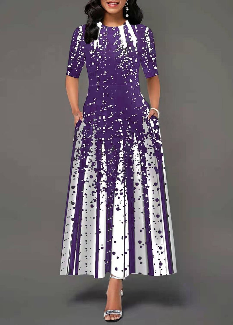 Amazon spring and summer temperament leisure foreign style age-reducing long short sleeve round neck printing dress foreign trade wholesale Purple