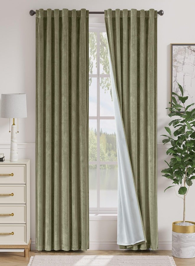 Lazzzy Green Velvet Curtains 84 Inch Long Blackout Thermal Insulated Room Darkening Lined Curtain Drapes Luxury Back Tab Window Treatments for Bedroom Living Room 2 Panels, 52 x 84 Inch, Olive Sage - Image 1