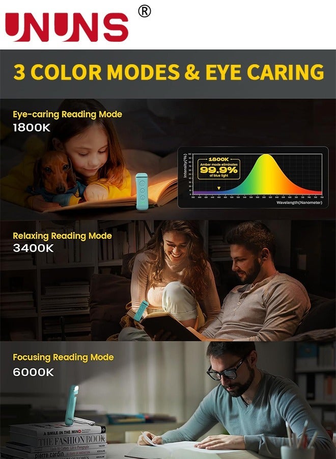 UNUNS ضوء قراءة الكتاب، ضوء قابل لإعادة الشحن عبر USB للاستخدام في السرير، 3 ألوان و 5 درجات سطوع قابلة للتعتيم، مدمج وطويل الأمد، مثالي للعشاق والأطفال - Image 3