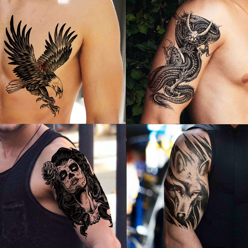 VANTATY 50 Sheets Black Temporary Tattoos For Men Adults Ealge Dragon Lion Wolf Animals For Women Neck Arm Thigh, Fake Small Skull Tattoo Sticker For Kids Children Boys Girls Tatoos - Image 2