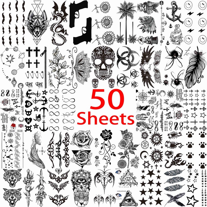 VANTATY 50 Sheets Black Temporary Tattoos For Men Adults Ealge Dragon Lion Wolf Animals For Women Neck Arm Thigh, Fake Small Skull Tattoo Sticker For Kids Children Boys Girls Tatoos - Image 3