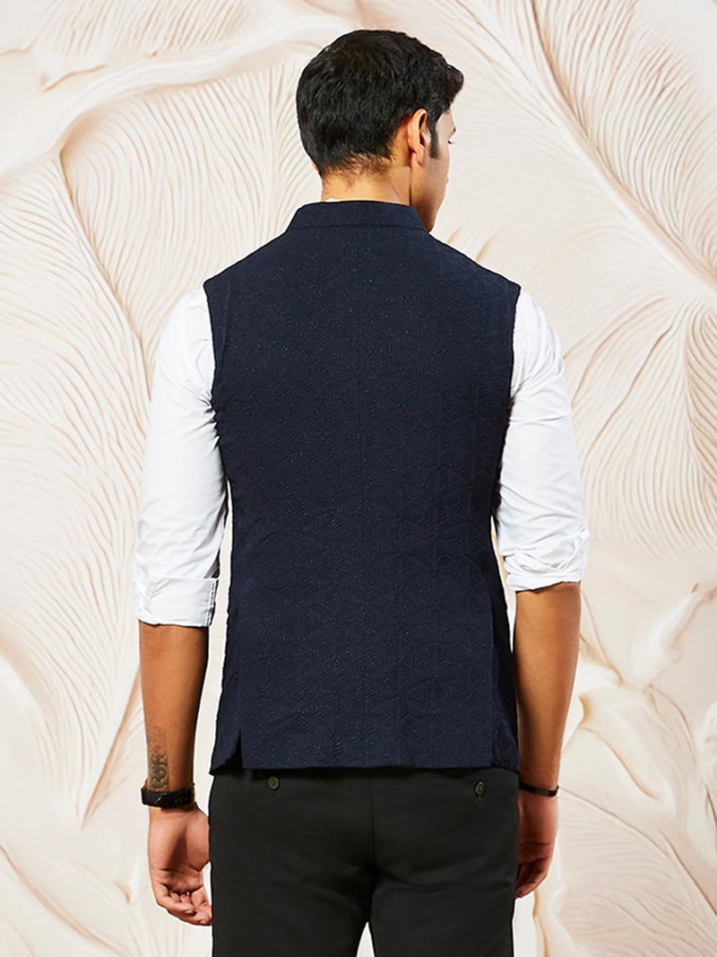 VASTRAMAY Men's Navy Blue - Nehru Jacket, Silk Blend Emboss Fabric nehru jacket For Men, Traditional Indian Festive & Ethnic Wear - Image 5