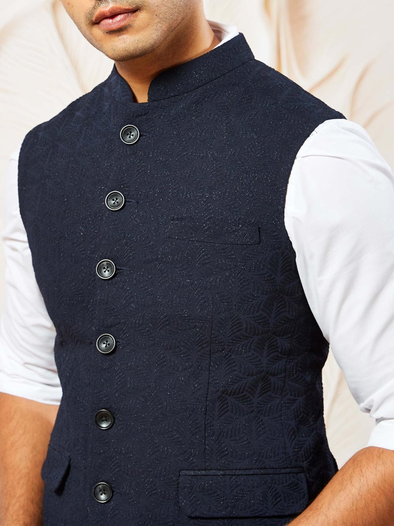 VASTRAMAY Men's Navy Blue - Nehru Jacket, Silk Blend Emboss Fabric nehru jacket For Men, Traditional Indian Festive & Ethnic Wear - Image 4