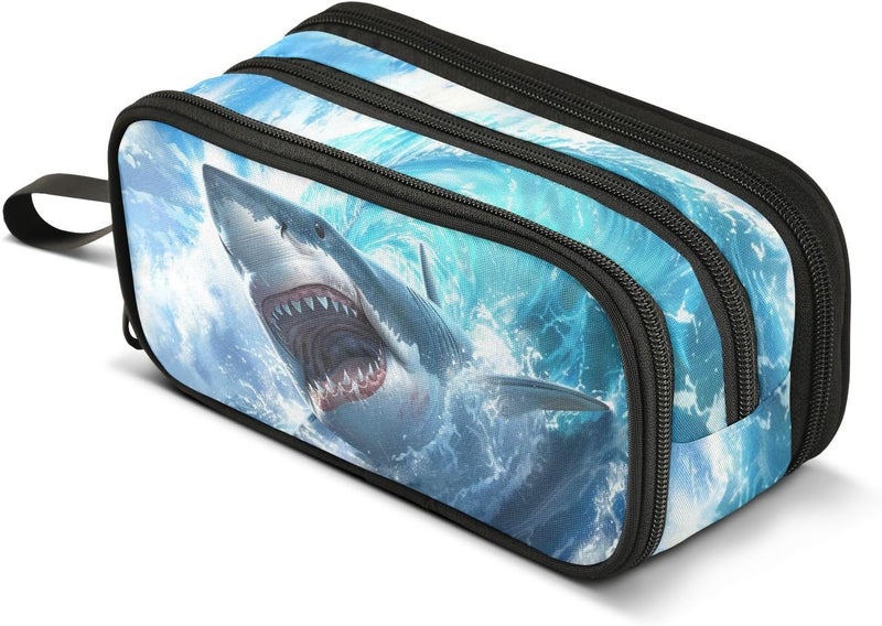 BOENLE Shark Blue Ocean Wave Pencil Case Box Boys Girls Large Pencil Pouch with Zipper Compartments Big Capacity Stationery Pen Bag Organizer for Kids Teens Adults School - Image 1