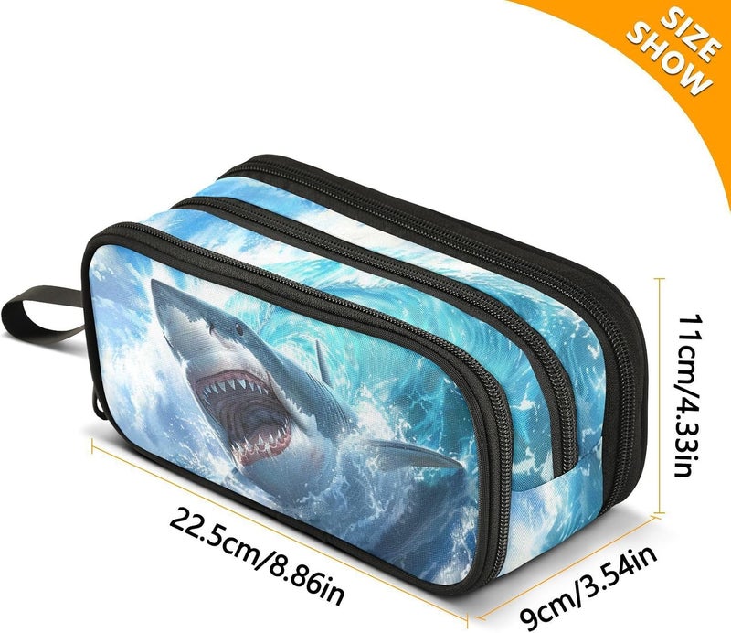 BOENLE Shark Blue Ocean Wave Pencil Case Box Boys Girls Large Pencil Pouch with Zipper Compartments Big Capacity Stationery Pen Bag Organizer for Kids Teens Adults School - Image 4