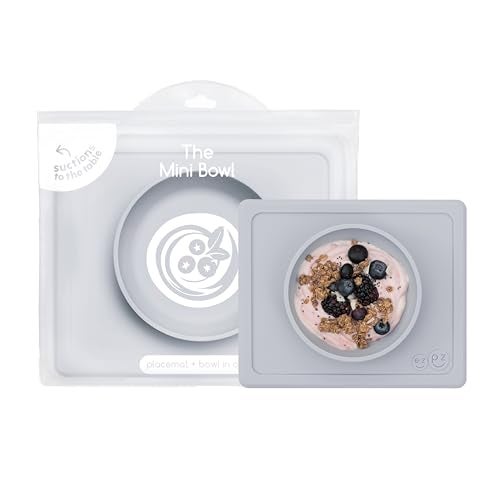 ezpz Mini Bowl (Pewter) - 12 Months+ - 100% Silicone Suction Placemat + Bowl for Toddlers - Comes with a Reusable Travel Bag - Image 1