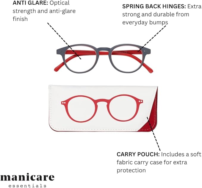 Manicare Reading Glasses For Men And Women Comfortable Lightweight With Strong Comfort Flex Hinges AntiGlare Lenses Matt Grey Rimmed Frames With Red Arms With Glasses Pouch 1 Strength - Image 4