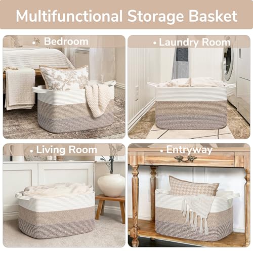 Goodpick Large Woven Storage Basket, 21.6" x 14.9" x 11.8" Rectangle Rope Baskets for Toy Storage, Blanket Basket for Living Room, Bedroom, Light Brown - Image 4