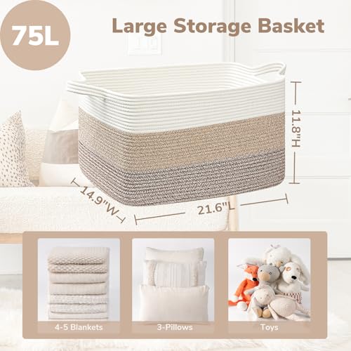 Goodpick Large Woven Storage Basket, 21.6" x 14.9" x 11.8" Rectangle Rope Baskets for Toy Storage, Blanket Basket for Living Room, Bedroom, Light Brown - Image 3