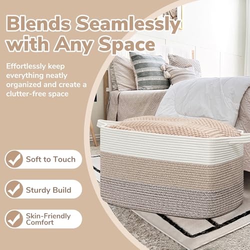 Goodpick Large Woven Storage Basket, 21.6" x 14.9" x 11.8" Rectangle Rope Baskets for Toy Storage, Blanket Basket for Living Room, Bedroom, Light Brown - Image 5
