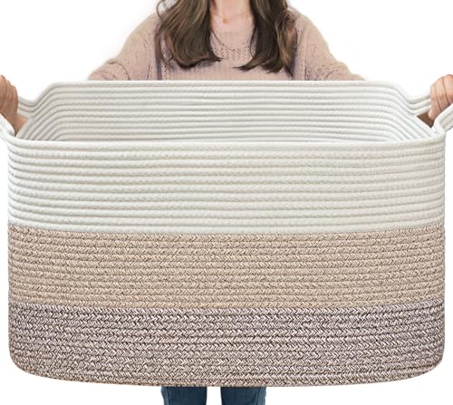 Goodpick Large Woven Storage Basket, 21.6" x 14.9" x 11.8" Rectangle Rope Baskets for Toy Storage, Blanket Basket for Living Room, Bedroom, Light Brown - Image 1