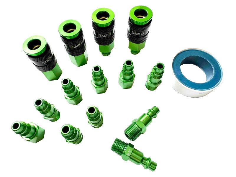 SANFU Air Hose Fittings, Aluminum AMT Universal Air Coupler Air Plug Kit, 1/4 Inch Threads Size, Lightweight, 15 Pieces Air Compressor Accessories Fittings Kit - Green - Image 1