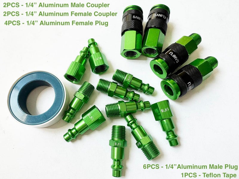 SANFU Air Hose Fittings, Aluminum AMT Universal Air Coupler Air Plug Kit, 1/4 Inch Threads Size, Lightweight, 15 Pieces Air Compressor Accessories Fittings Kit - Green - Image 2