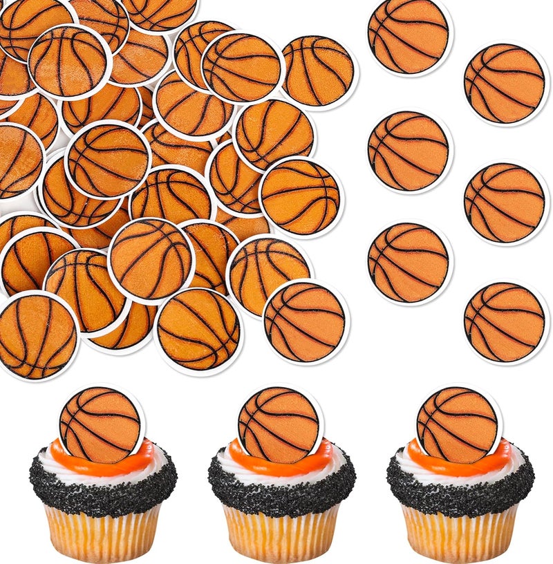 Rsstarxi 48 Pack Edible Basketball Cupcake Toppers for Sports Theme Parties - Image 1