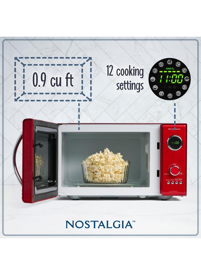 Nostalgia Retro Countertop Microwave Oven - Large 800-Watt - 0.9 cu ft - 12 Pre-Programmed Cooking Settings - Digital Clock - Kitchen Appliances - Metallic Red - Image 2