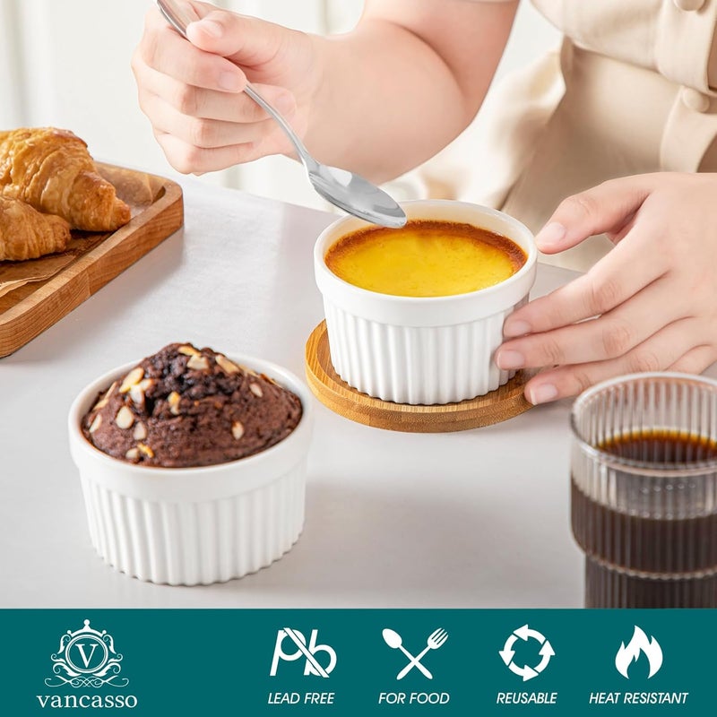 vancasso RAMEKINS 6 oz Soufflé Moulds Set of 6, Creme Brulee Bowls, Oven Safe, Porcelain Soufflés with Lid, Small Ceramic Bowls, Mini Casserole Dishes for Baking, White - Image 3