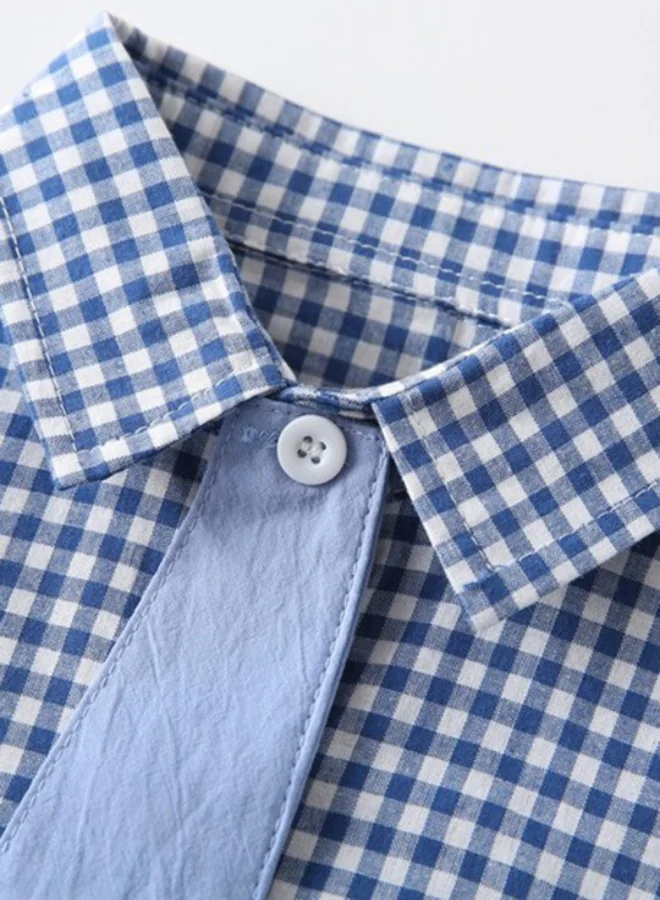 يونيكي Blue Collared Short Sleeve Checkered Shirt